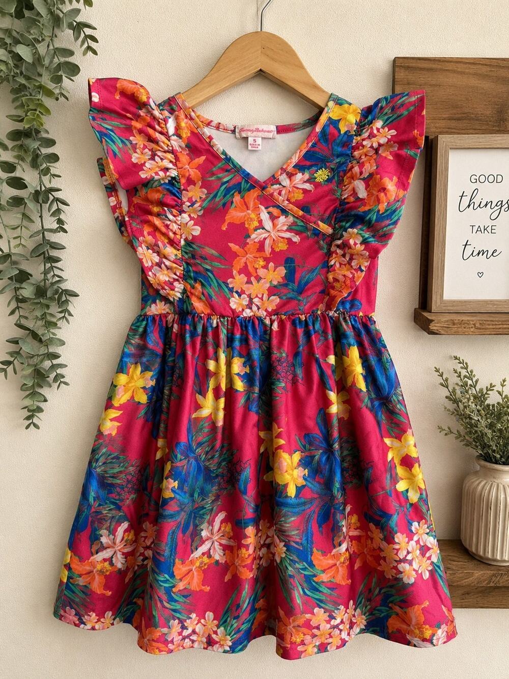 Tommy Bahama Girls Dress Size 6 Pink Floral Ruffle Sleeve V Neck
